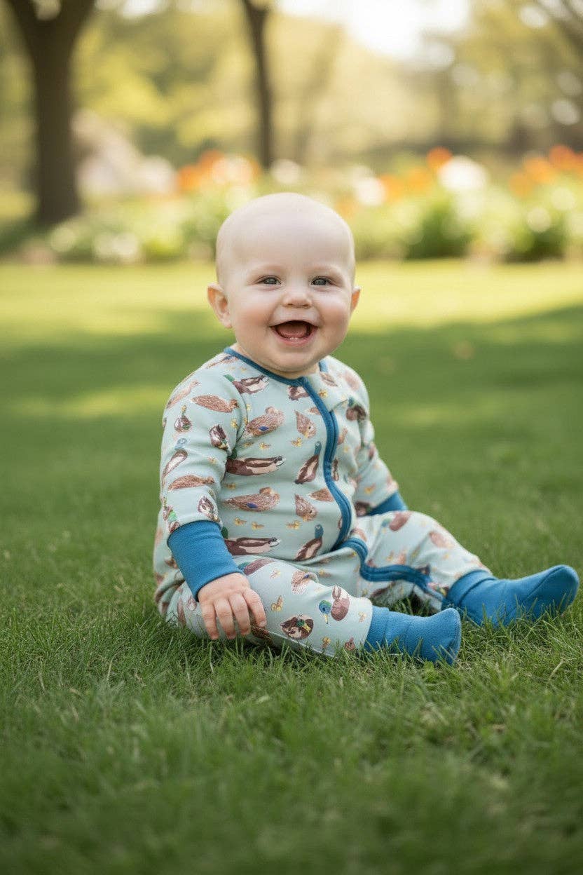 Green Mallard Duck printed baby romper w/foldable footie & hands