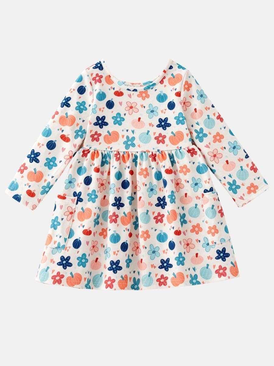 Fall Pumpkin Floral Ruffle Girls Pocket Dress