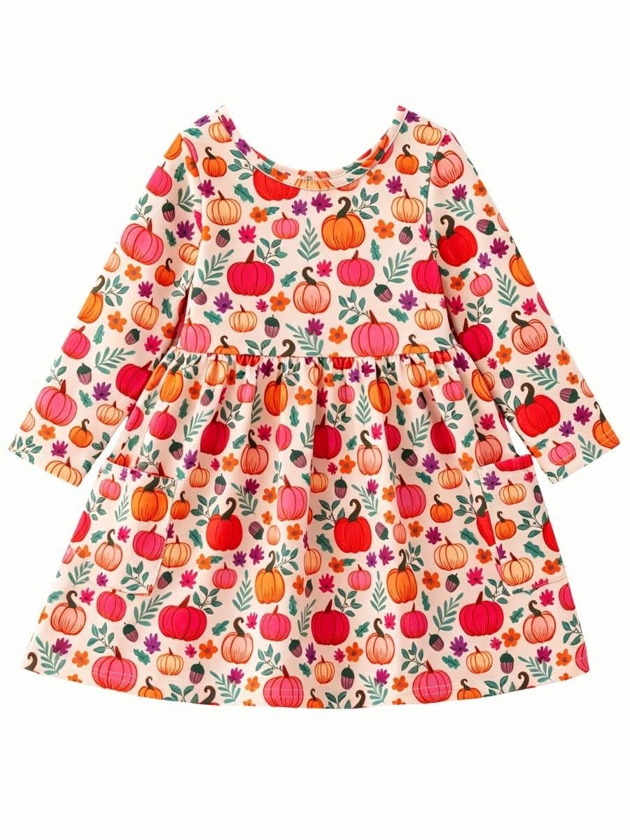 Pink Pumpkin Fall Girls Dress with Pockets