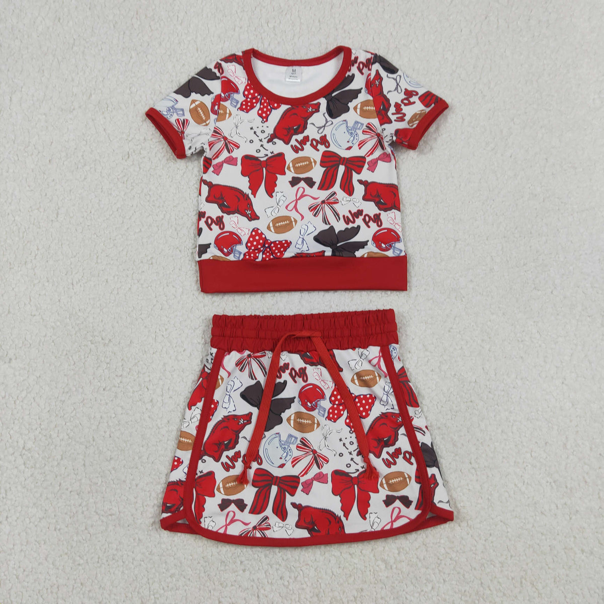 Girls Red Pig Shirts Skorts Bows Yoga Active Clothes Sets