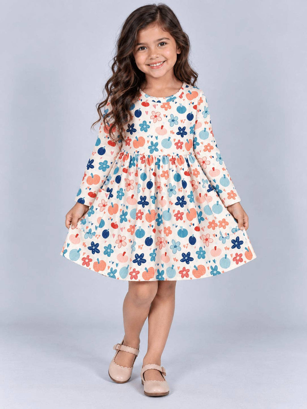 Fall Pumpkin Floral Ruffle Girls Pocket Dress