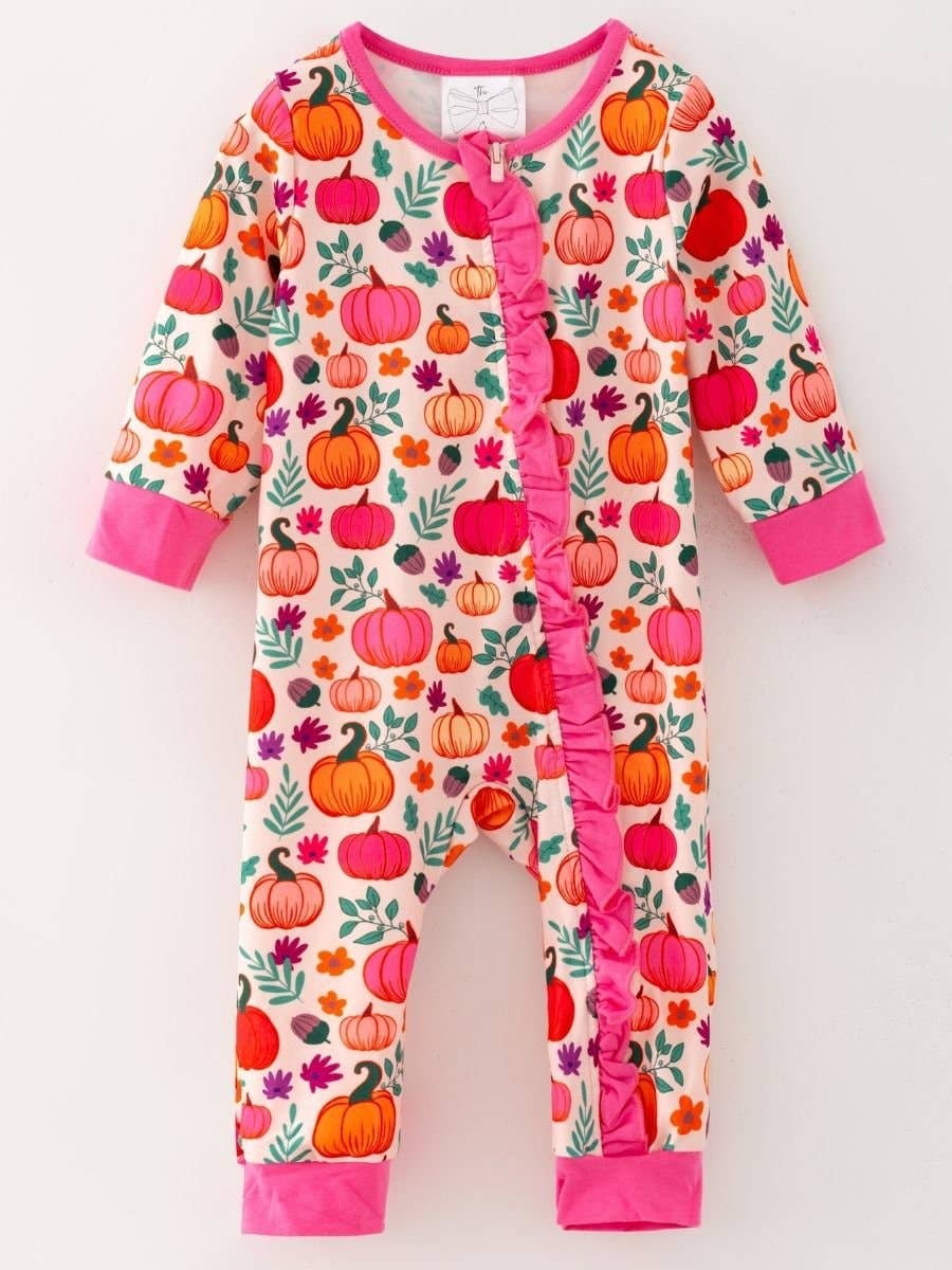 Pink Pumpkin Fall Girls Ruffle Romper