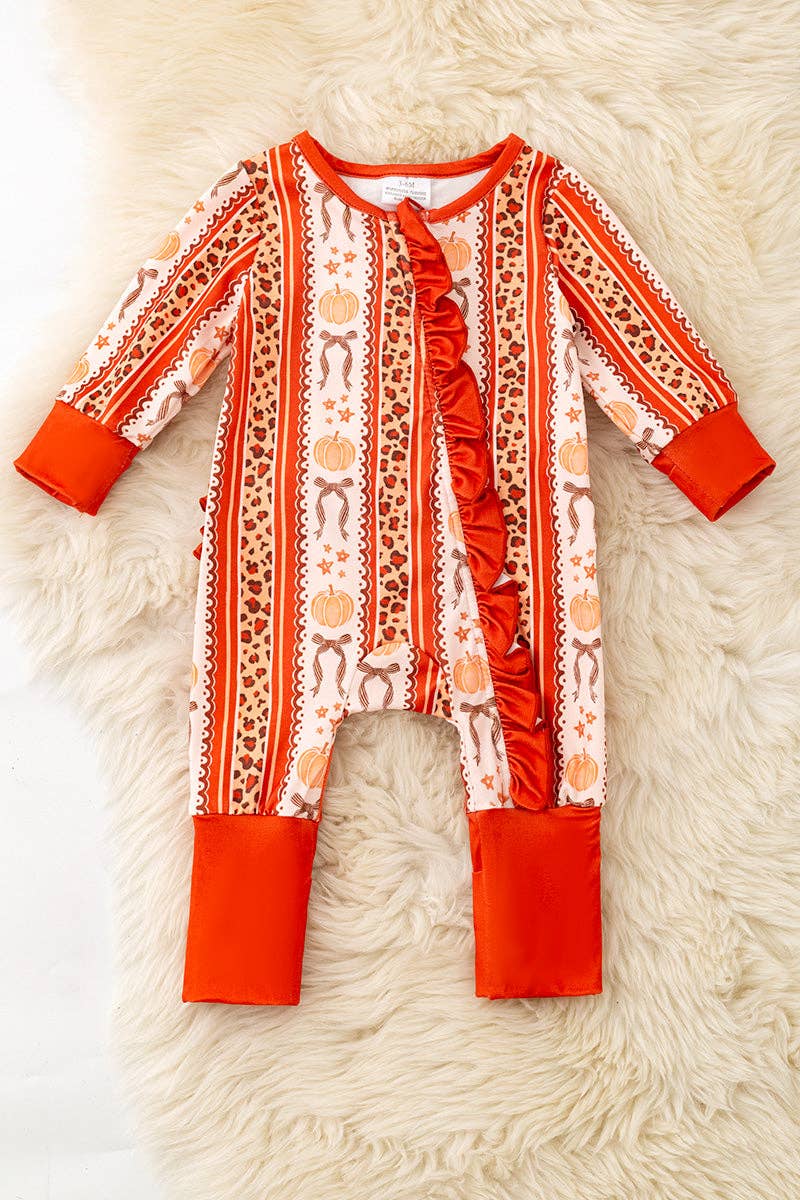 Pumpkin & cheetah printed girls baby romper with ruffle butt