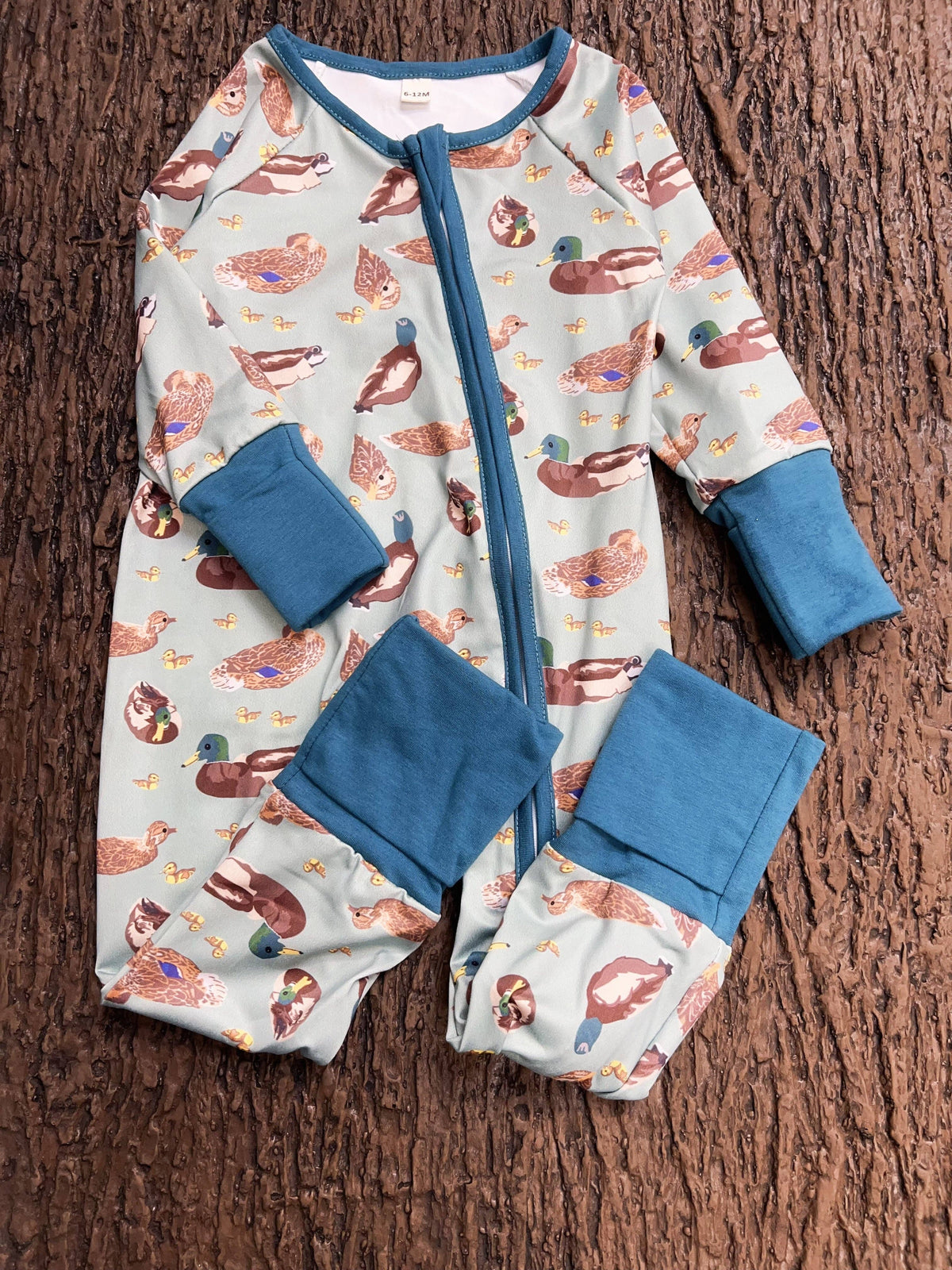 Green Mallard Duck printed baby romper w/foldable footie & hands