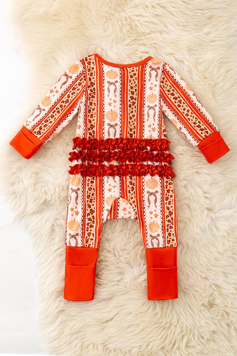 Pumpkin & cheetah printed girls baby romper with ruffle butt
