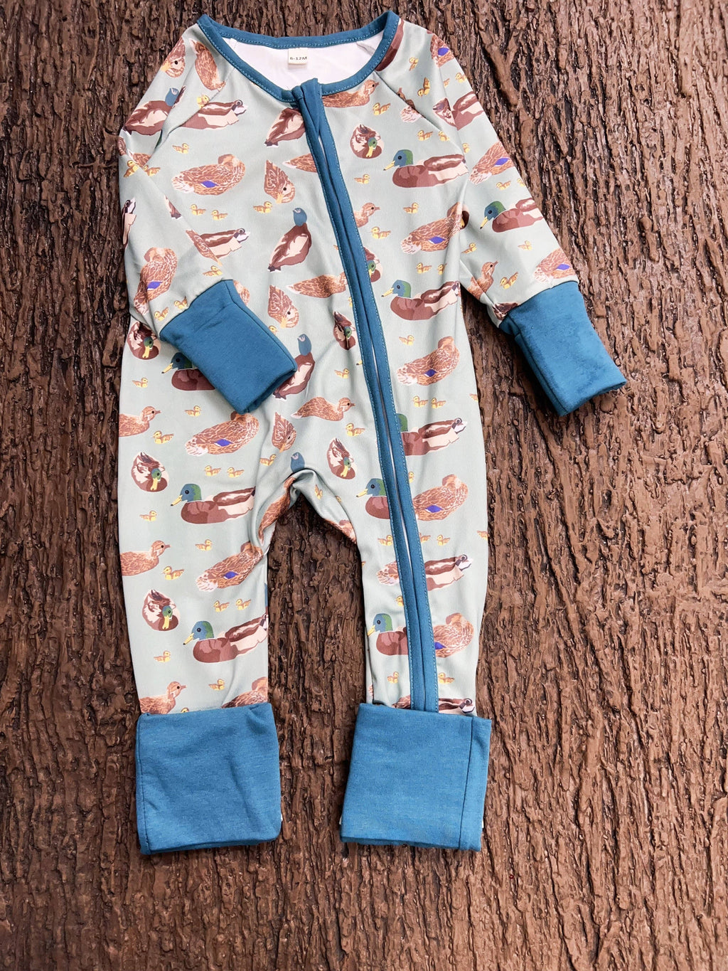 Green Mallard Duck printed baby romper w/foldable footie & hands