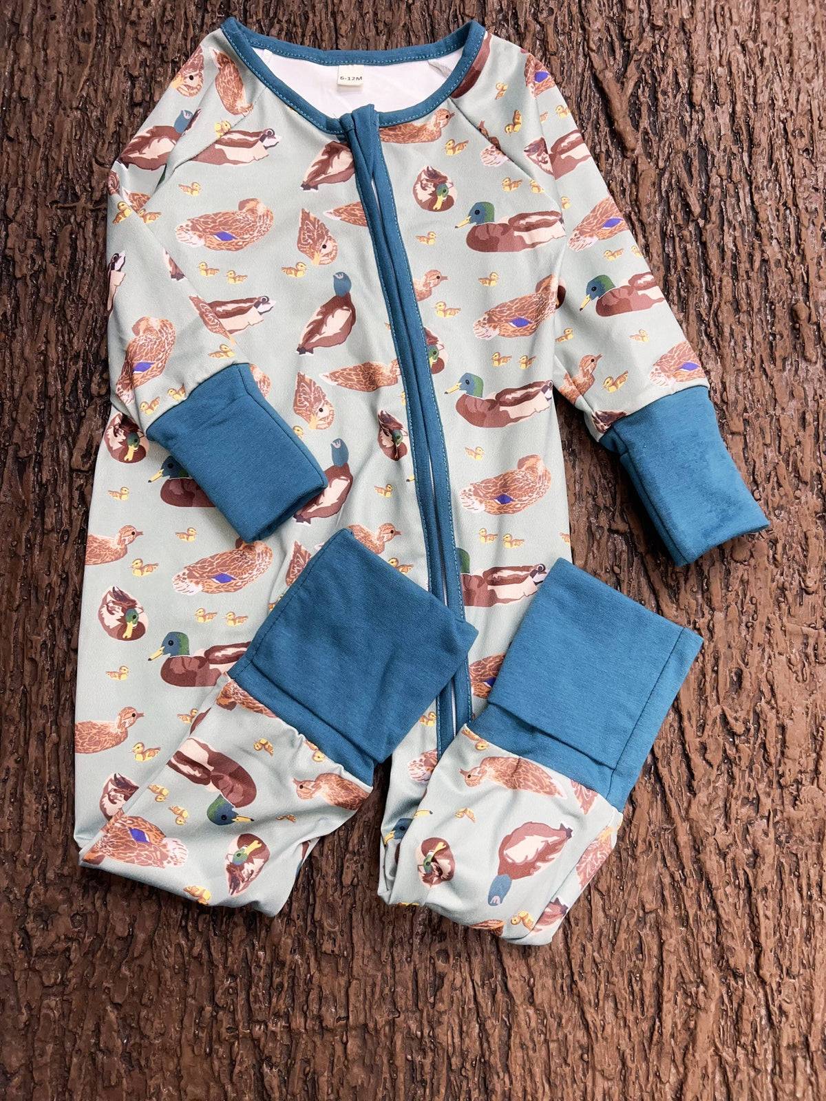 Green Mallard Duck printed baby romper w/foldable footie & hands
