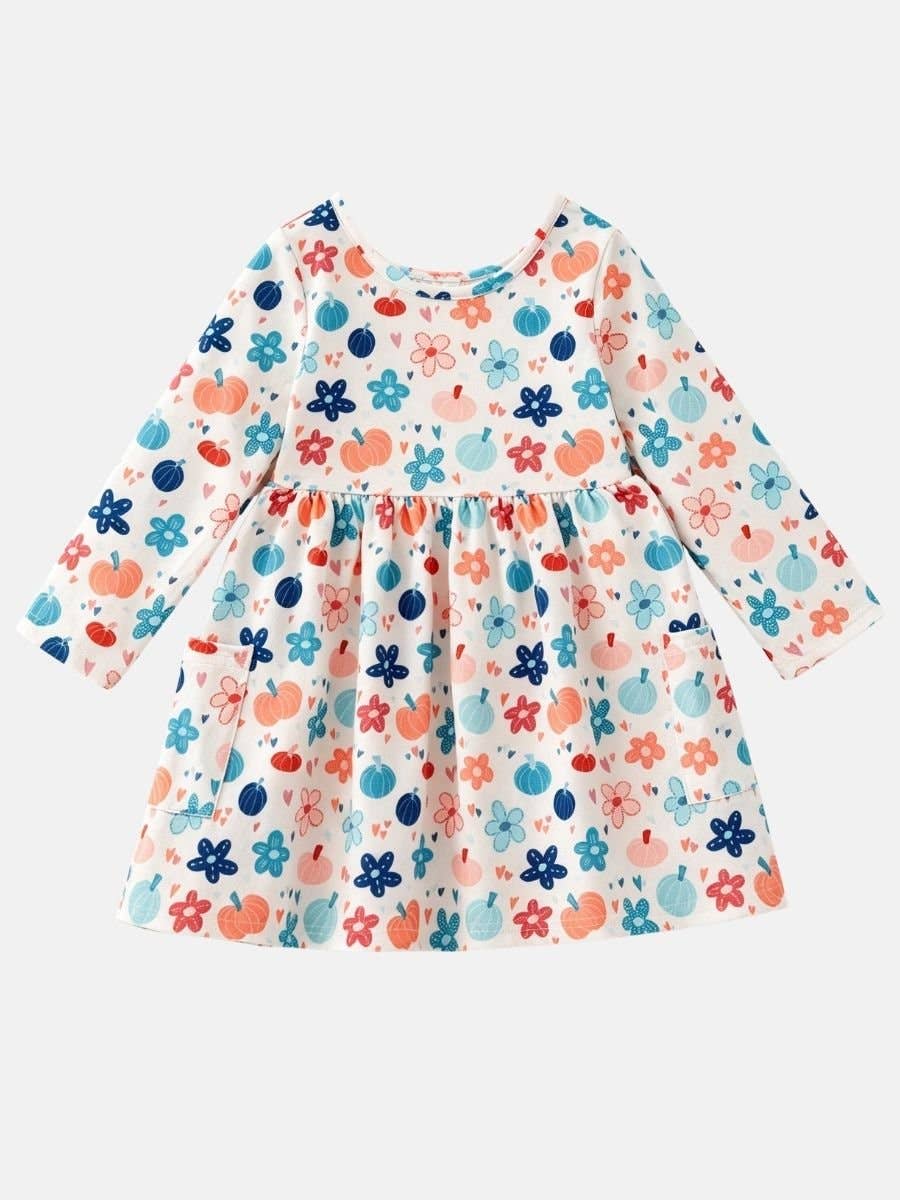 Fall Pumpkin Floral Ruffle Girls Pocket Dress