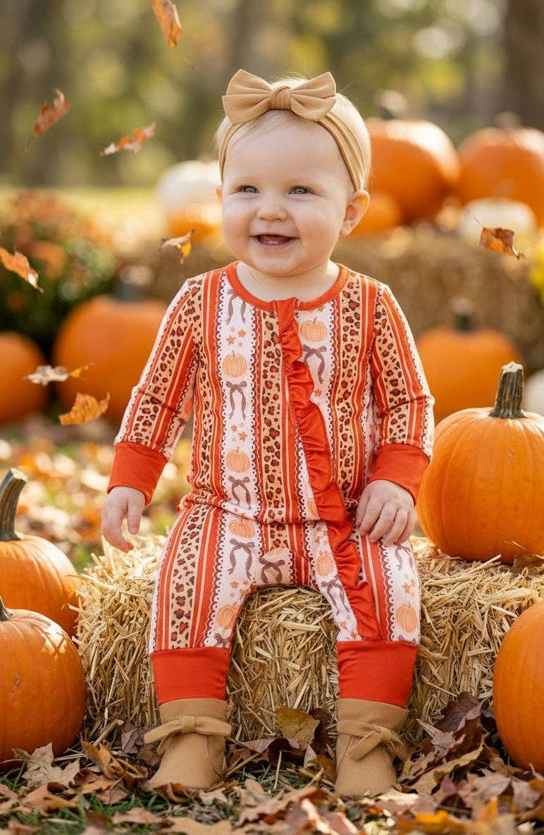 Pumpkin & cheetah printed girls baby romper with ruffle butt