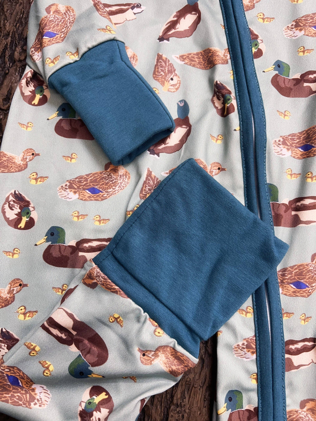 Green Mallard Duck printed baby romper w/foldable footie & hands