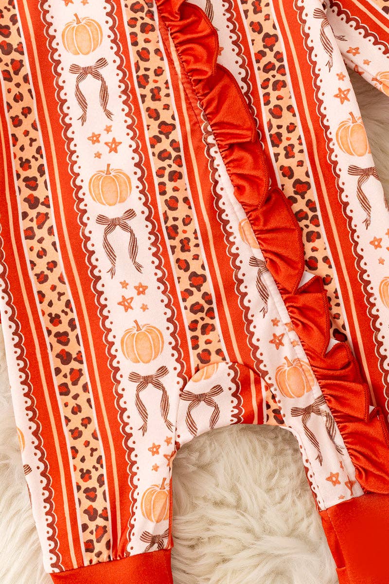 Pumpkin & cheetah printed girls baby romper with ruffle butt