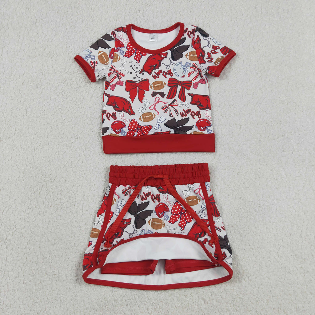 Girls Red Pig Shirts Skorts Bows Yoga Active Clothes Sets