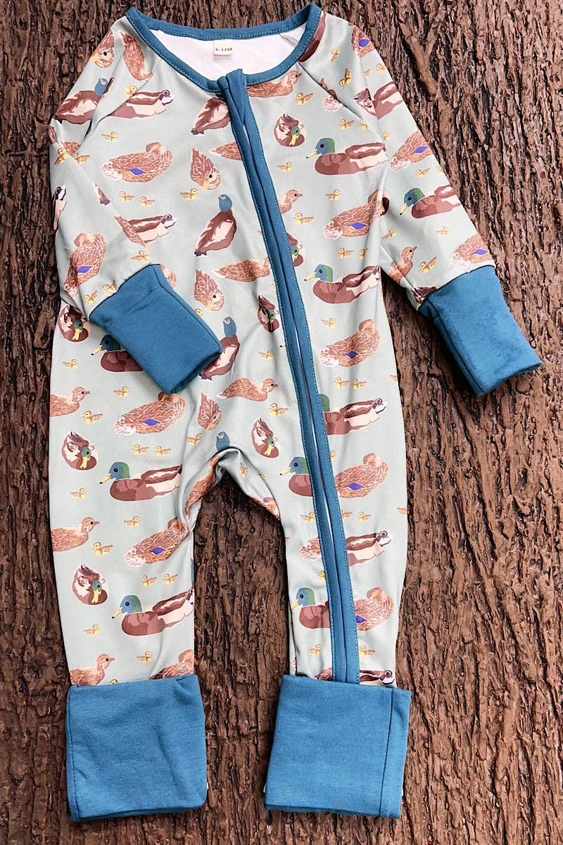 Green Mallard Duck printed baby romper w/foldable footie & hands
